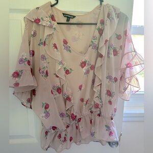 Floral ruffle sheer blouse